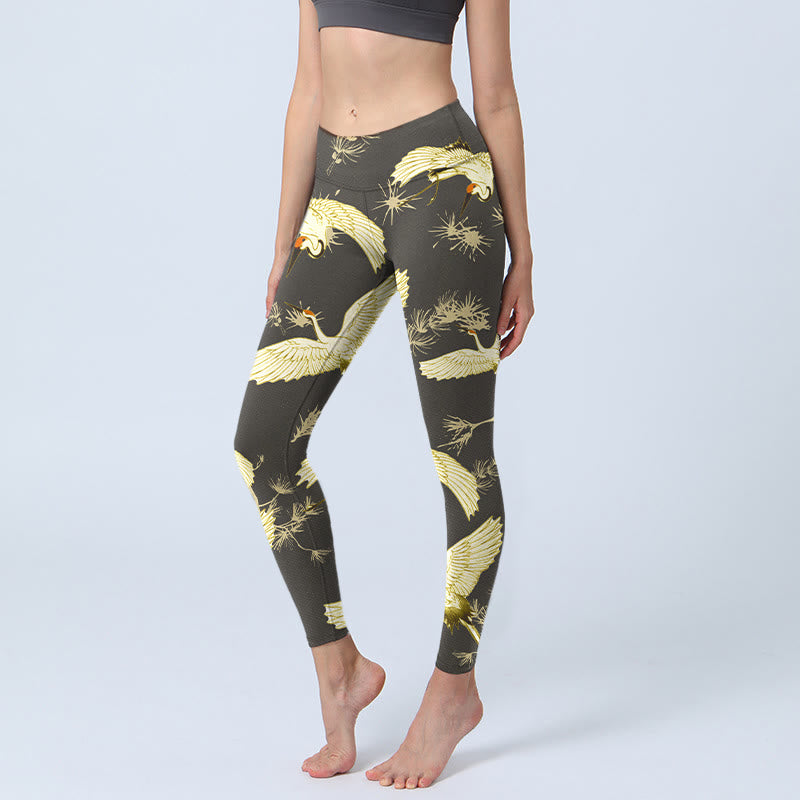 Buddha Stones Flying Red-crowned Crane Branch Pine Needles Pattern Print Gym Leggings Women's Yoga Pants - Black - US18，UK/AU22，EU50 (4XL) - image 0
