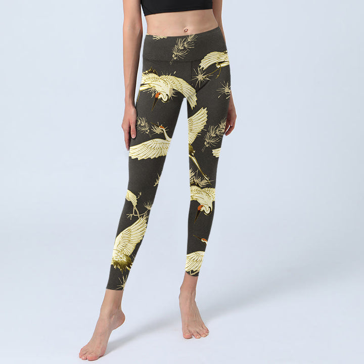Buddha Stones Flying Red-crowned Crane Branch Pine Needles Pattern Print Gym Leggings Women's Yoga Pants - image 5