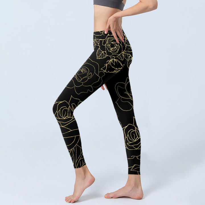 Buddha Stones Rose Flower Leaves Golden Line Pattern Print Gym Leggings Women's Yoga Pants - image 2