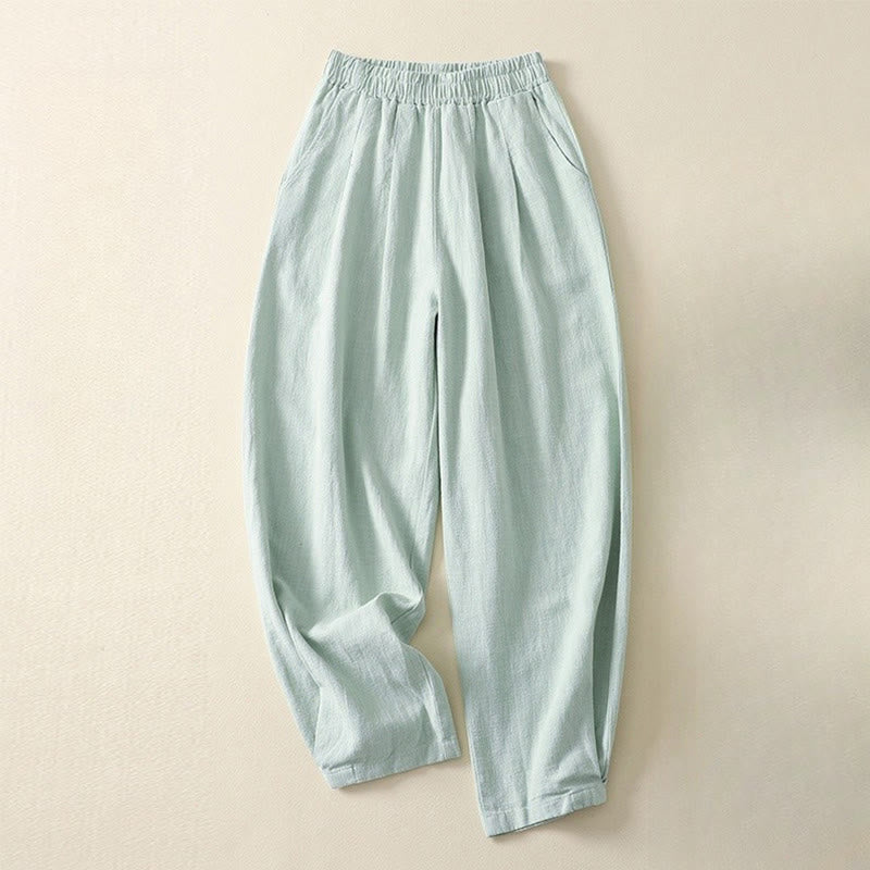 Buddha Stones Commute Solid Color Elastic Waistband Cotton Linen Women's Pants With Pockets - PaleTurquoise - US8-10，UK/AU12-14，EU40-42 (2XL) - image 14