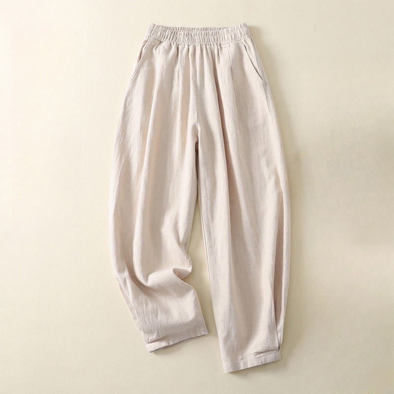 Buddha Stones Commute Solid Color Elastic Waistband Cotton Linen Women's Pants With Pockets - Beige - US8-10，UK/AU12-14，EU40-42 (2XL) - image 0