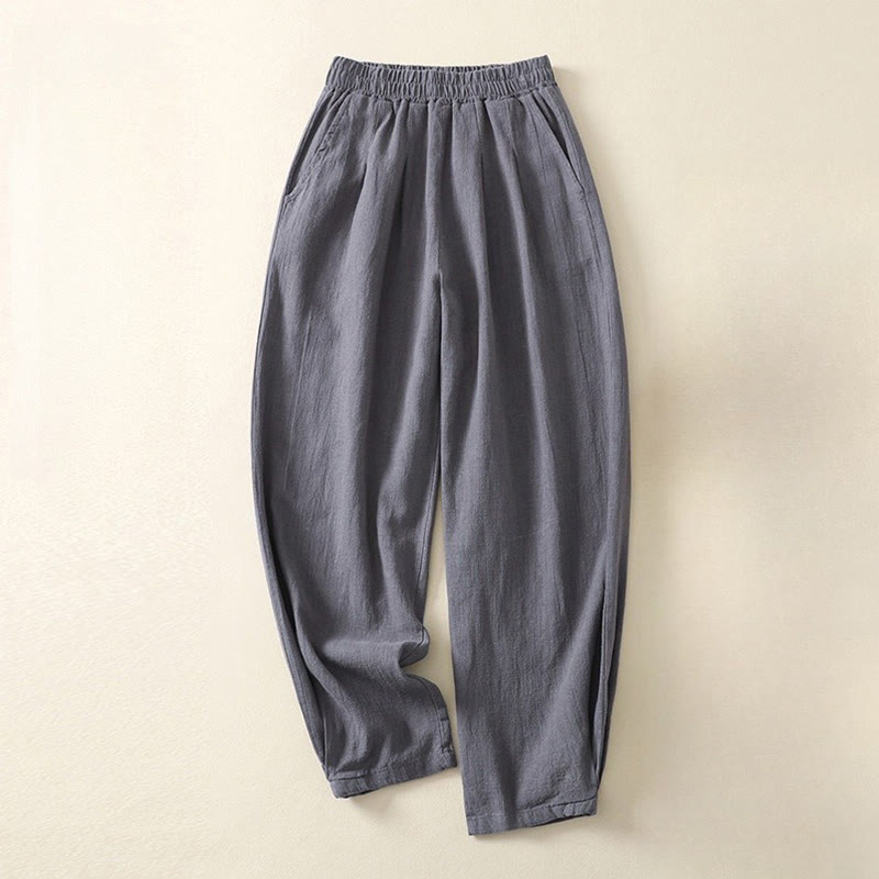 Buddha Stones Versatile Casual Solid Color Elastic Waistband Cotton Linen Women's Pants With Pockets - SlateGray - US8-10，UK/AU12-14，EU40-42 (2XL) - image 6