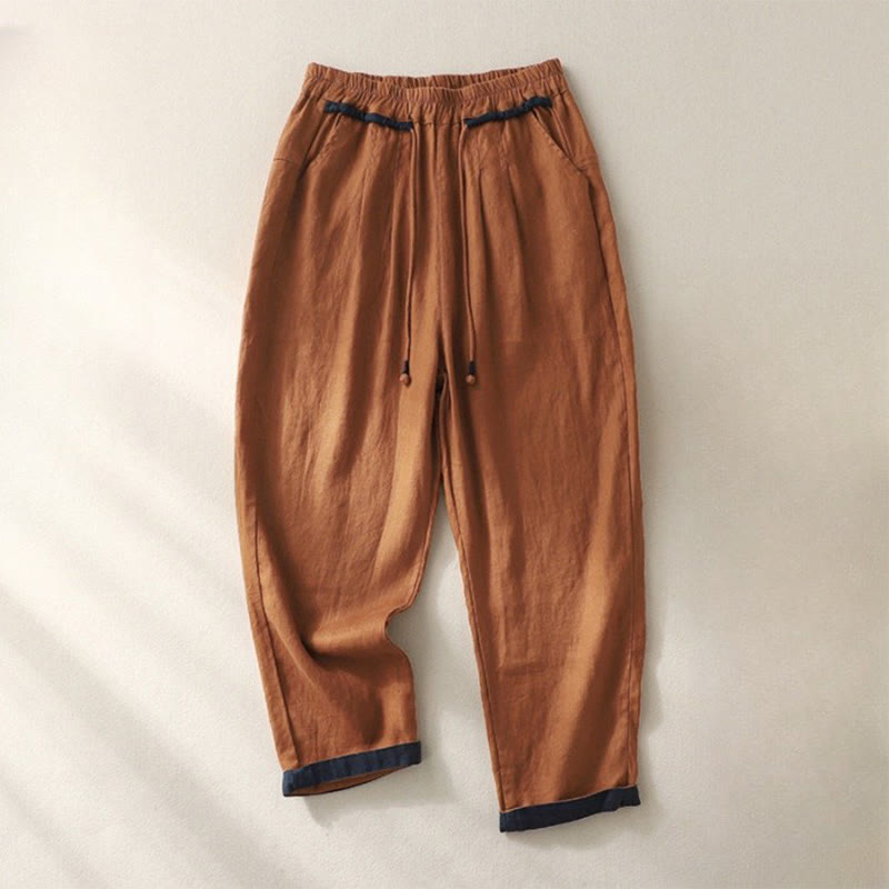 Buddha Stones Versatile Contrasting Color Design Drawstring 7-8 Length Women's Harem Pants With Pockets - Chocolate - US14，UK/AU18，EU46 (4XL) - image 17