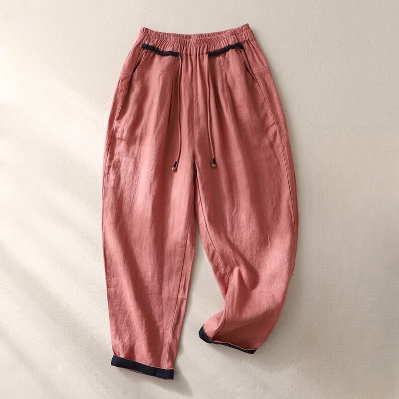 Buddha Stones Versatile Contrasting Color Design Drawstring 7-8 Length Women's Harem Pants With Pockets - PaleVioletRed - US14，UK/AU18，EU46 (4XL) - image 1