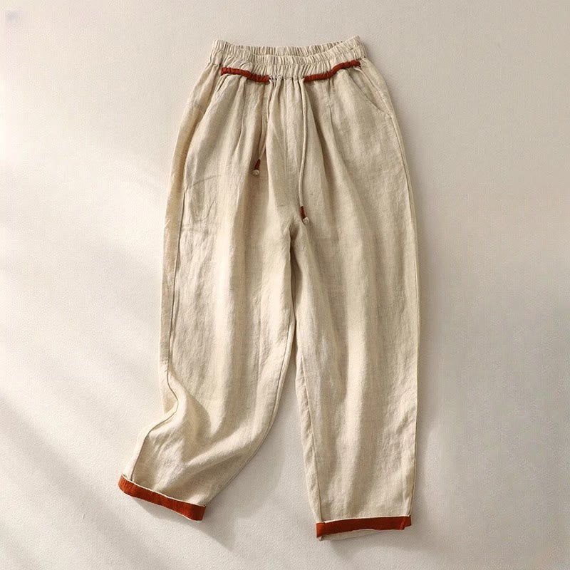 Buddha Stones Versatile Contrasting Color Design Drawstring 7-8 Length Women's Harem Pants With Pockets - Beige - US14，UK/AU18，EU46 (4XL) - image 8