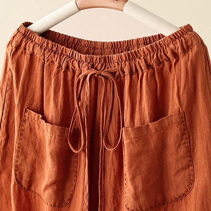 Buddha Stones Casual Plain Wrinkles Design Drawstring 9 Length Cotton Linen Women's Wide Leg Pants With Pockets - image 2