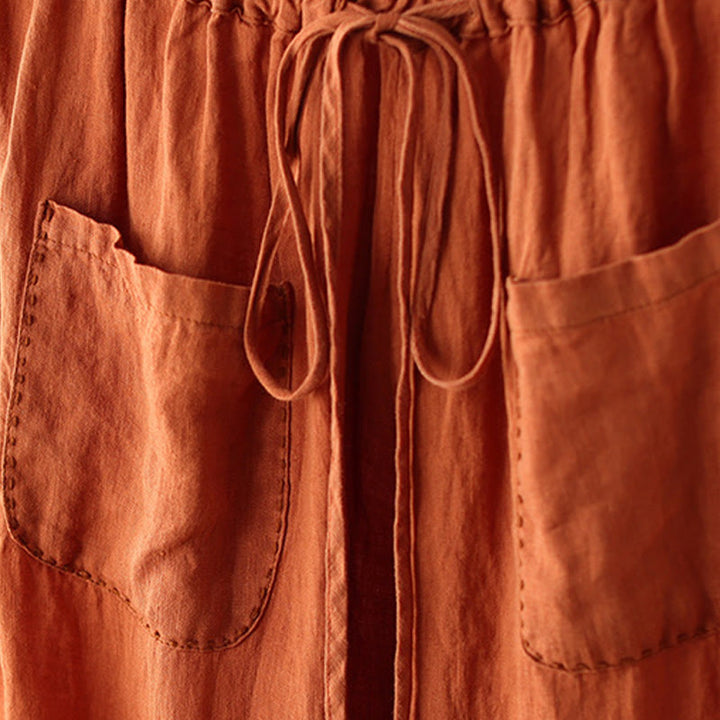 Buddha Stones Casual Plain Wrinkles Design Drawstring 9 Length Cotton Linen Women's Wide Leg Pants With Pockets - image 4