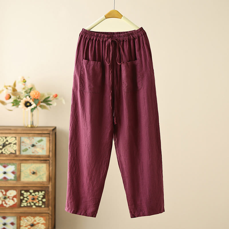 Buddha Stones Casual Plain Wrinkles Design Drawstring 9 Length Cotton Linen Women's Wide Leg Pants With Pockets - DarkMagenta - US8-10，UK/AU12-14，EU40-42 (2XL) - image 13