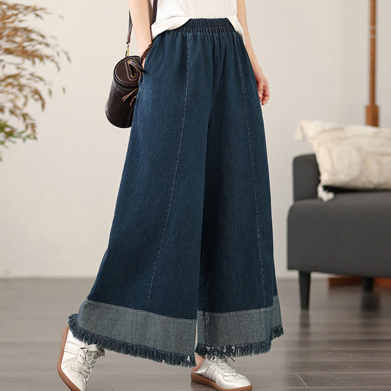 Buddha Stones Spring Vintage Distressed Tassel Design Women's Wide Leg Pants With Pockets - MidnightBlue - US8-10，UK/AU12-14，EU40-42 (2XL) - image 0