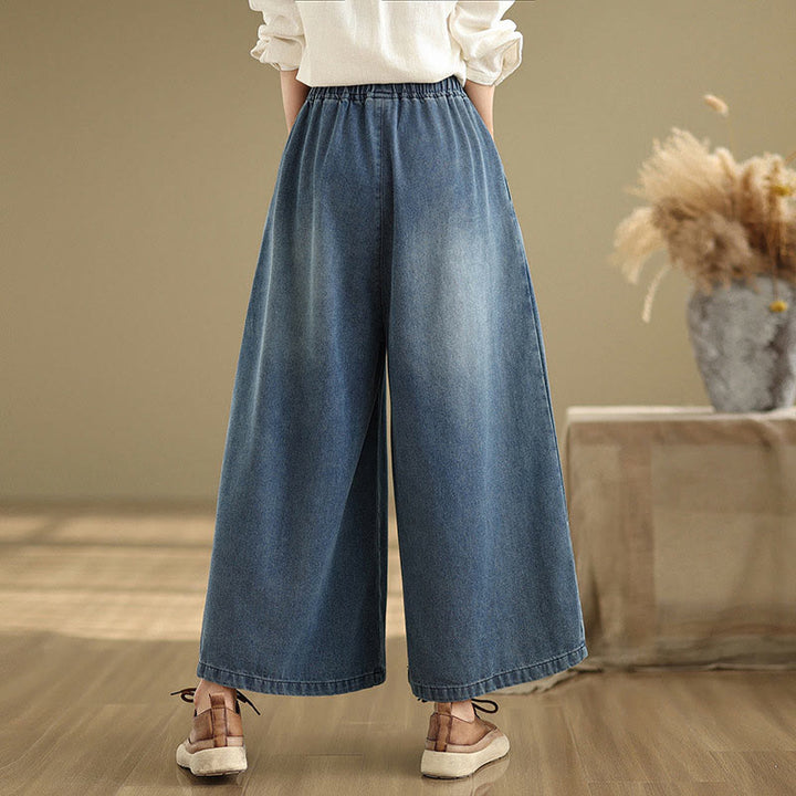 Buddha Stones Fall Vintage Distressed Design High Waist Women's Wide Leg Pants With Pockets - image 1