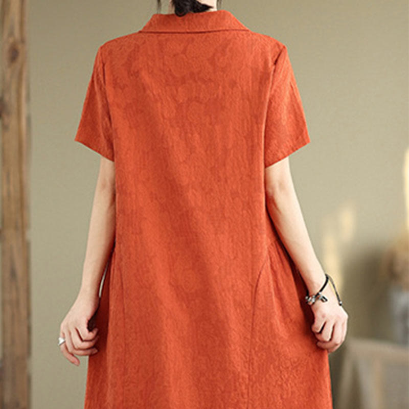 Buddha Stones Plain Jacquard Design Short Sleeve Cotton Linen Midi Dress With Pockets