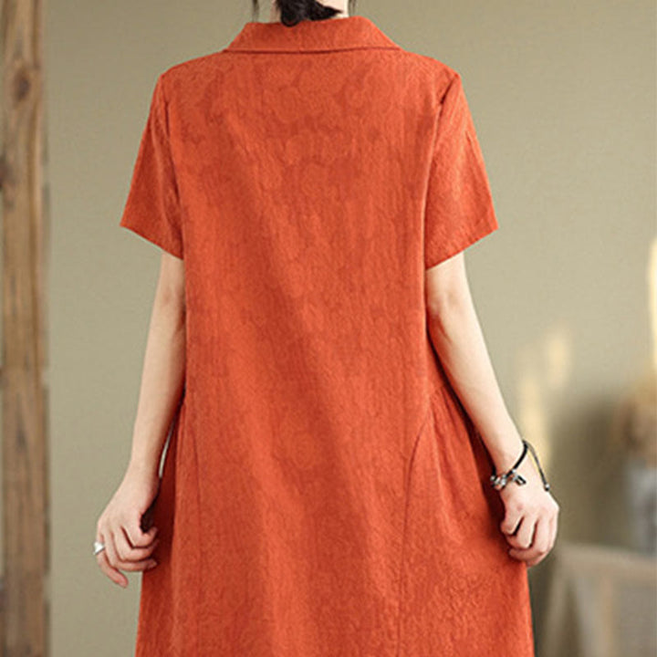 Buddha Stones Plain Jacquard Design Short Sleeve Cotton Linen Midi Dress With Pockets