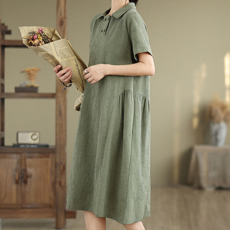Buddha Stones Plain Jacquard Design Short Sleeve Cotton Linen Midi Dress With Pockets - image 11