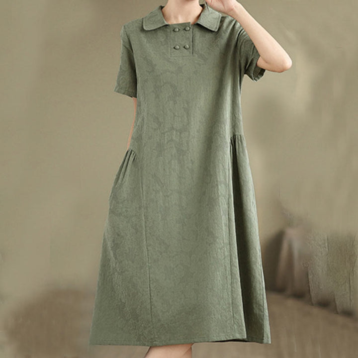 Buddha Stones Plain Jacquard Design Short Sleeve Cotton Linen Midi Dress With Pockets - image 14