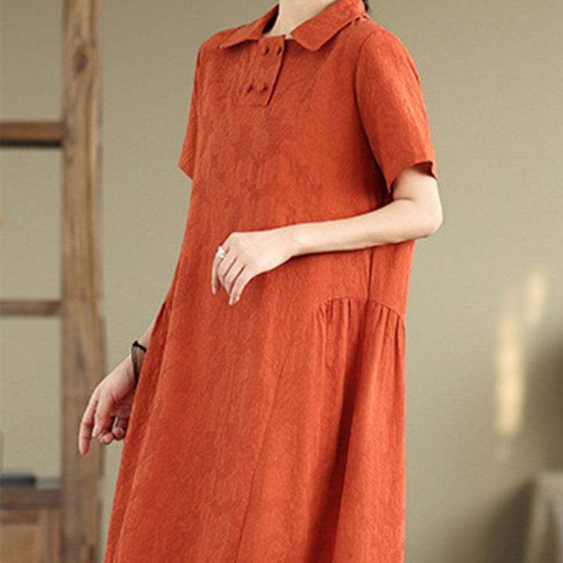 Buddha Stones Plain Jacquard Design Short Sleeve Cotton Linen Midi Dress With Pockets - image 4