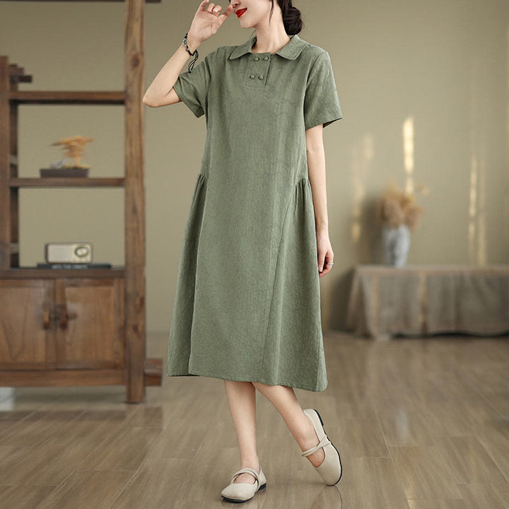 Buddha Stones Plain Jacquard Design Short Sleeve Cotton Linen Midi Dress With Pockets - LightGreen - US8-10，UK/AU12-14，EU40-42 (2XL) - image 10