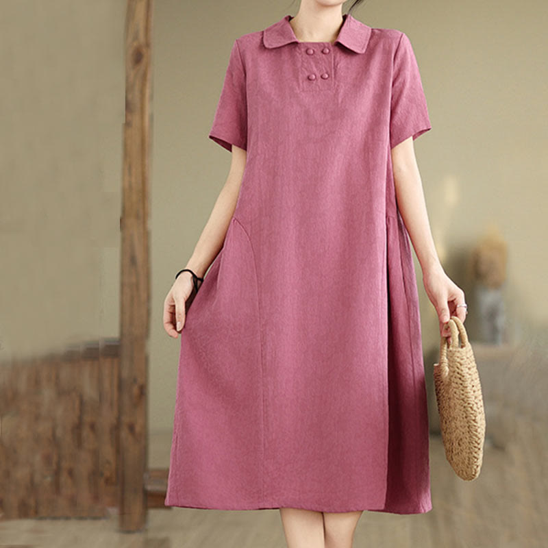 Buddha Stones Plain Jacquard Design Short Sleeve Cotton Linen Midi Dress With Pockets - image 27