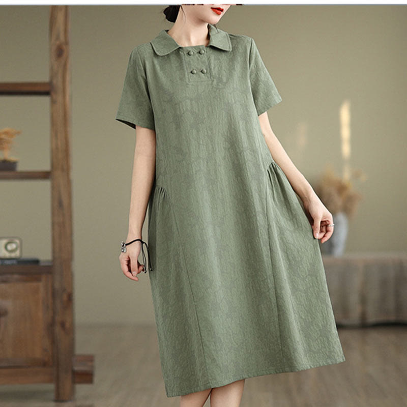 Buddha Stones Plain Jacquard Design Short Sleeve Cotton Linen Midi Dress With Pockets - image 12