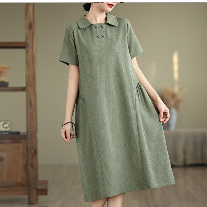 Buddha Stones Plain Jacquard Design Short Sleeve Cotton Linen Midi Dress With Pockets - image 12