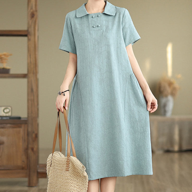 Buddha Stones Plain Jacquard Design Short Sleeve Cotton Linen Midi Dress With Pockets - image 18