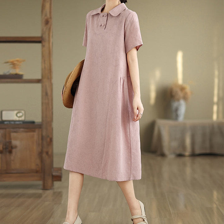 Buddha Stones Plain Jacquard Design Short Sleeve Cotton Linen Midi Dress With Pockets - image 25