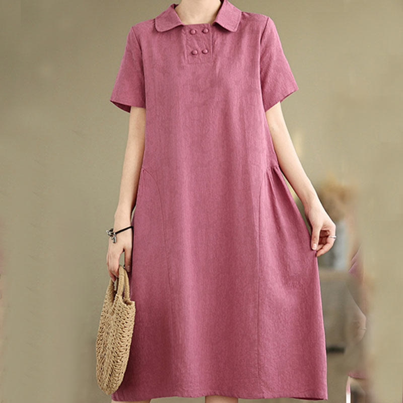 Buddha Stones Plain Jacquard Design Short Sleeve Cotton Linen Midi Dress With Pockets - MediumVioletRed - US8-10，UK/AU12-14，EU40-42 (2XL) - image 26