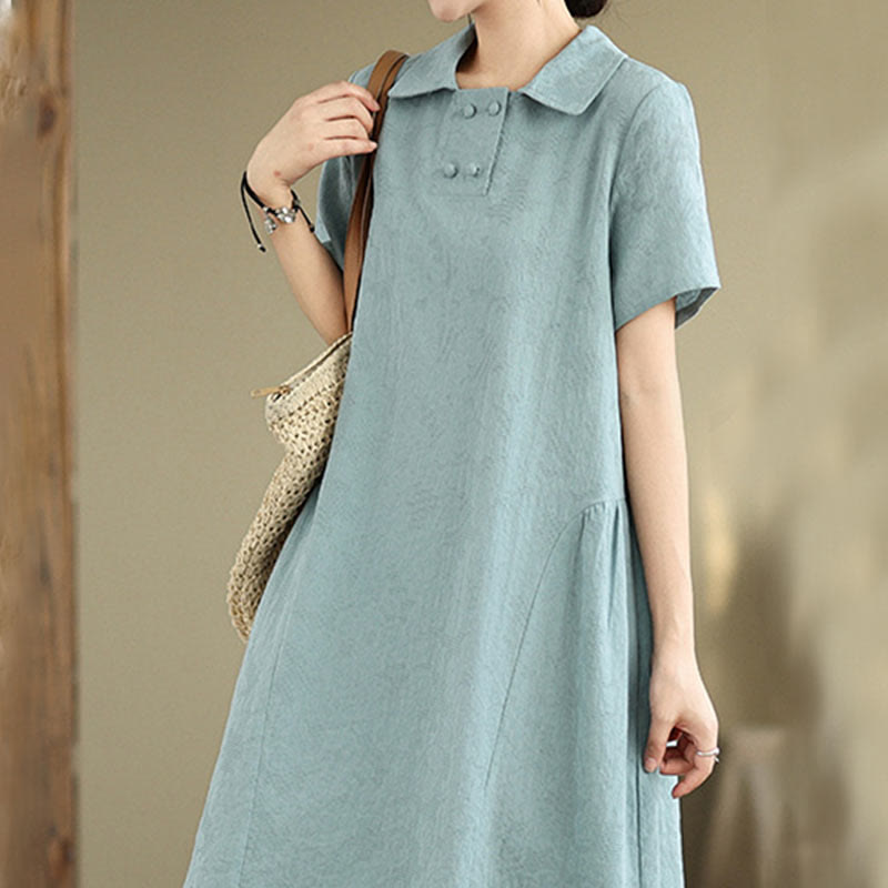 Buddha Stones Plain Jacquard Design Short Sleeve Cotton Linen Midi Dress With Pockets - image 16