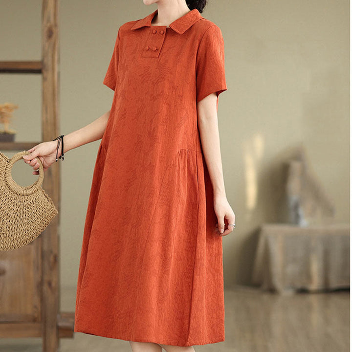 Buddha Stones Plain Jacquard Design Short Sleeve Cotton Linen Midi Dress With Pockets