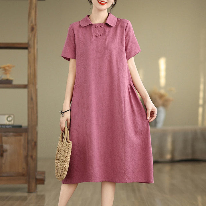 Buddha Stones Plain Jacquard Design Short Sleeve Cotton Linen Midi Dress With Pockets - image 30