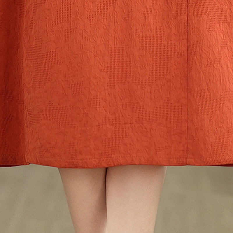 Buddha Stones Plain Jacquard Design Short Sleeve Cotton Linen Midi Dress With Pockets - image 8