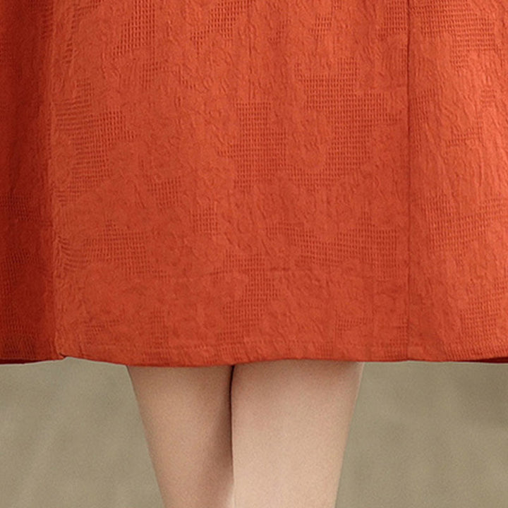 Buddha Stones Plain Jacquard Design Short Sleeve Cotton Linen Midi Dress With Pockets - image 8