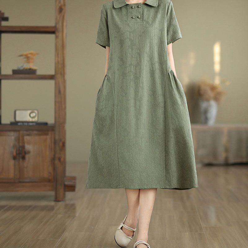 Buddha Stones Plain Jacquard Design Short Sleeve Cotton Linen Midi Dress With Pockets - image 13