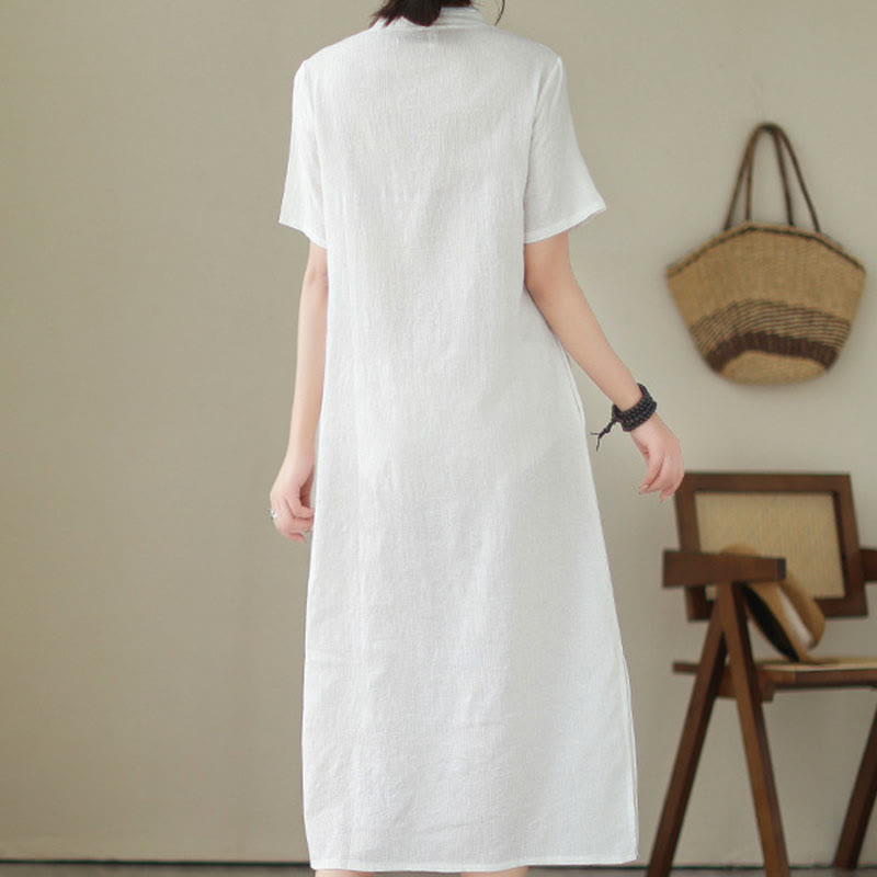 Buddha Stones Pure Color Short Sleeve Jacquard Chinese Cheongsam Qipao Midi Dress With Pockets - image 1