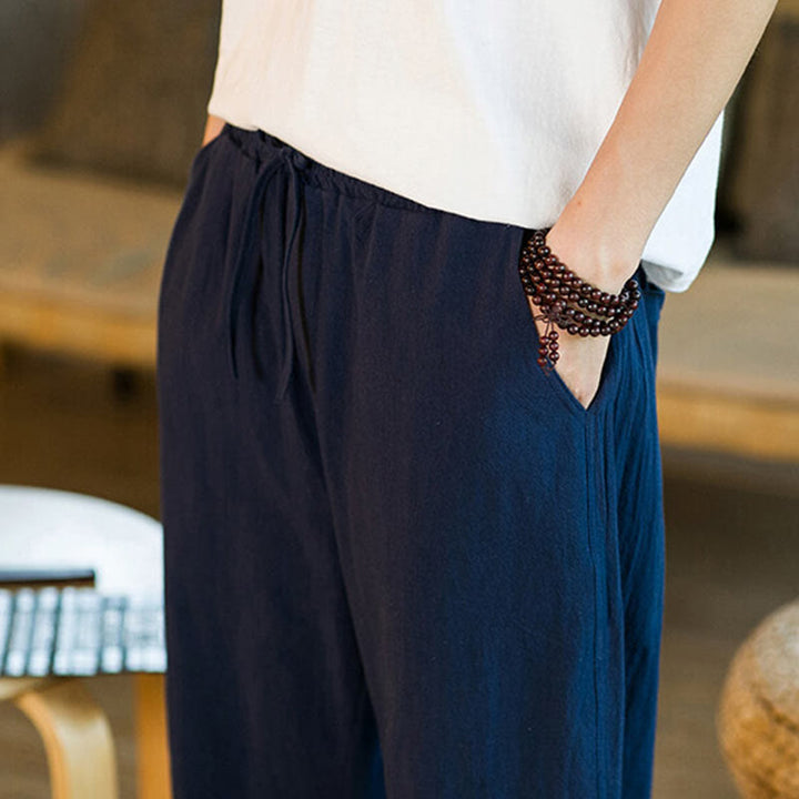 Buddha Stones Simple Design Drawstring Cotton Linen Men's Solid Color Harem Pants With Pockets - image 36