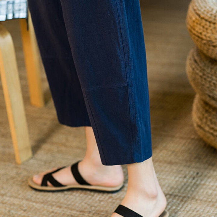 Buddha Stones Simple Design Drawstring Cotton Linen Men's Solid Color Harem Pants With Pockets - image 39