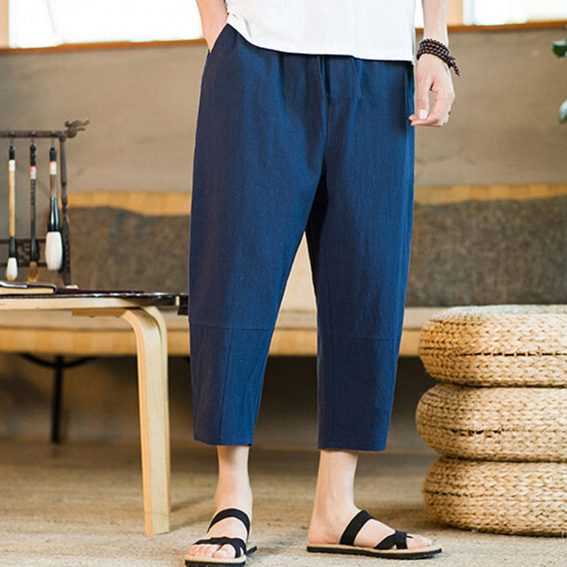 Buddha Stones Simple Design Drawstring Cotton Linen Men's Solid Color Harem Pants With Pockets - image 30