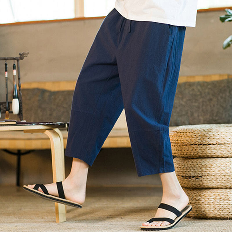 Buddha Stones Simple Design Drawstring Cotton Linen Men's Solid Color Harem Pants With Pockets - image 34