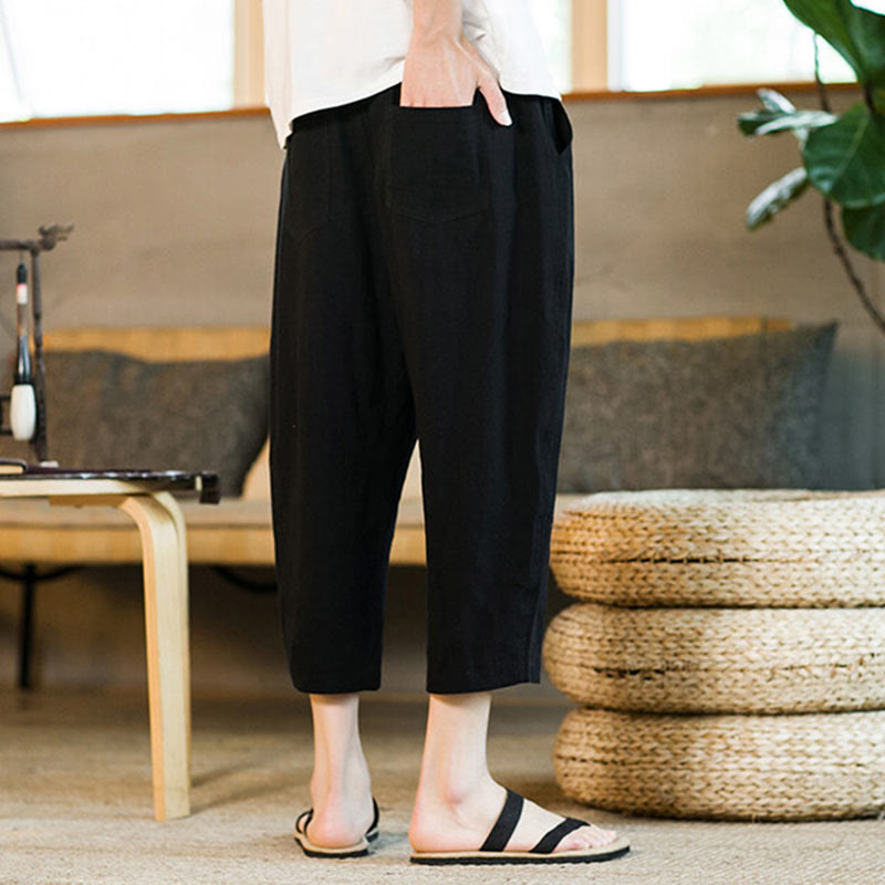 Buddha Stones Simple Design Drawstring Cotton Linen Men's Solid Color Harem Pants With Pockets - image 11