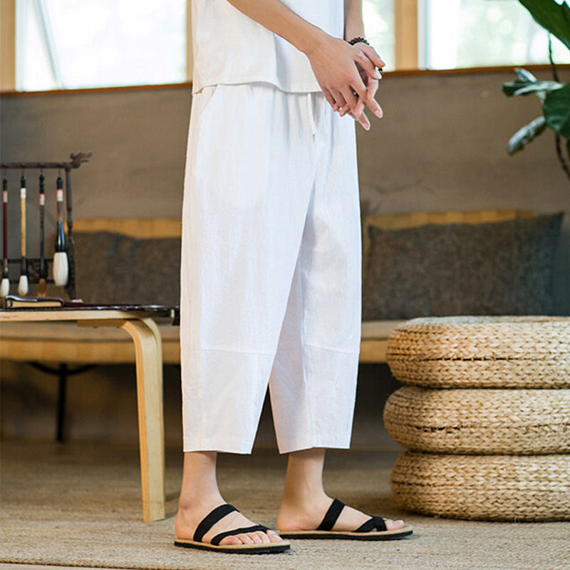 Buddha Stones Simple Design Drawstring Cotton Linen Men's Solid Color Harem Pants With Pockets - image 25