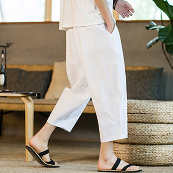 Buddha Stones Simple Design Drawstring Cotton Linen Men's Solid Color Harem Pants With Pockets - image 24