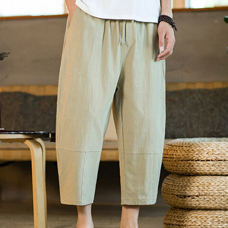 Buddha Stones Simple Design Drawstring Cotton Linen Men's Solid Color Harem Pants With Pockets - PaleGoldenrod - US/UK/AU46，EU56 (5XL) - image 0