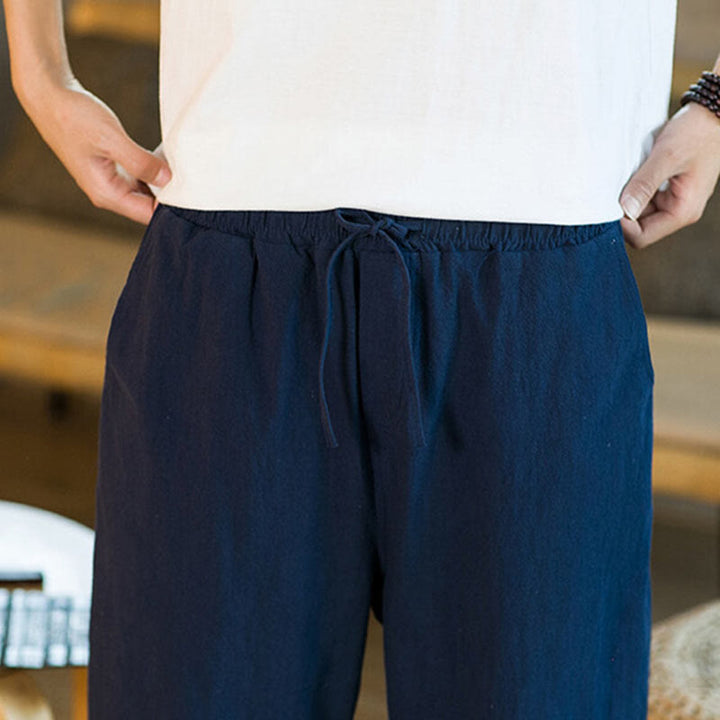 Buddha Stones Simple Design Drawstring Cotton Linen Men's Solid Color Harem Pants With Pockets - image 37