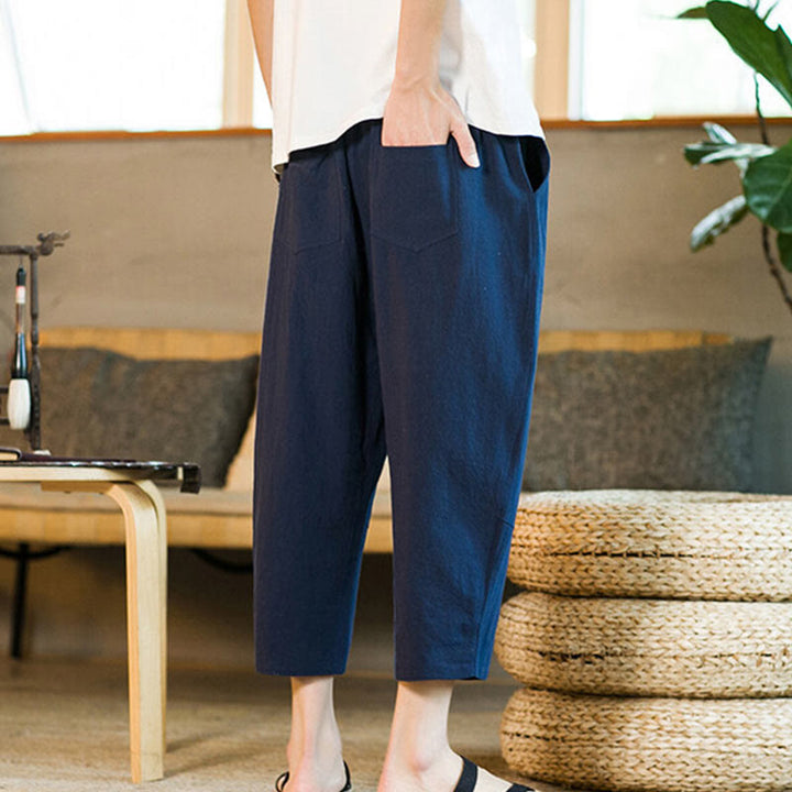 Buddha Stones Simple Design Drawstring Cotton Linen Men's Solid Color Harem Pants With Pockets - image 31