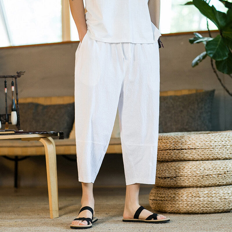 Buddha Stones Simple Design Drawstring Cotton Linen Men's Solid Color Harem Pants With Pockets - image 20