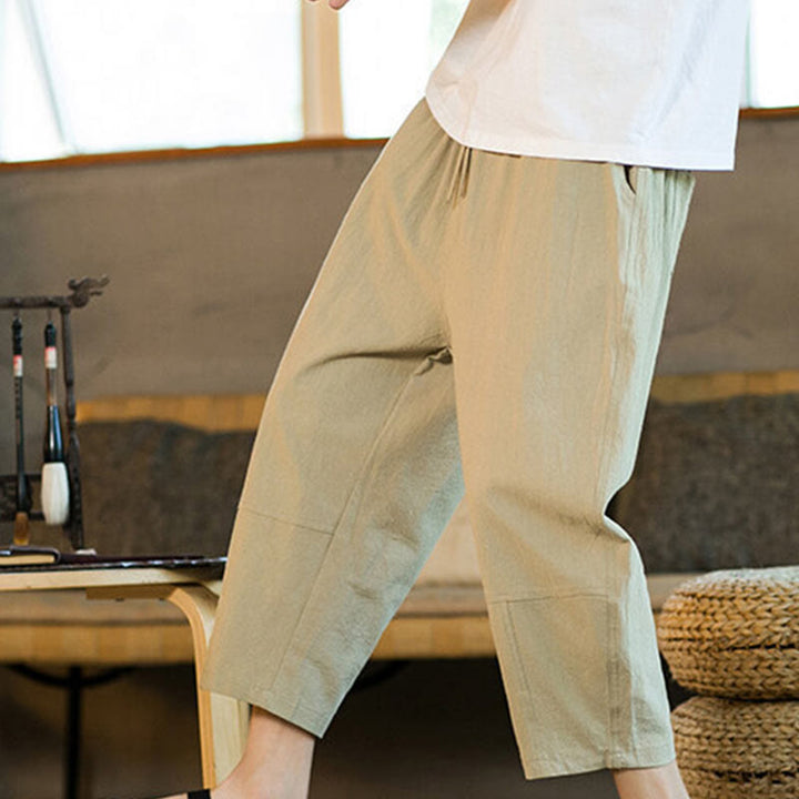 Buddha Stones Simple Design Drawstring Cotton Linen Men's Solid Color Harem Pants With Pockets - image 7