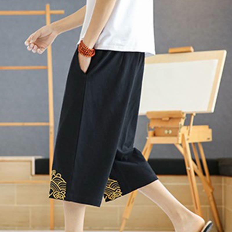 Buddha Stones Spring Casual Embroidery Drawstring Men's 7-8 Length Cotton Linen Harem Pants With Pockets - image 2