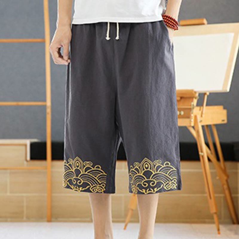 Buddha Stones Spring Casual Embroidery Drawstring Men's 7-8 Length Cotton Linen Harem Pants With Pockets - image 16