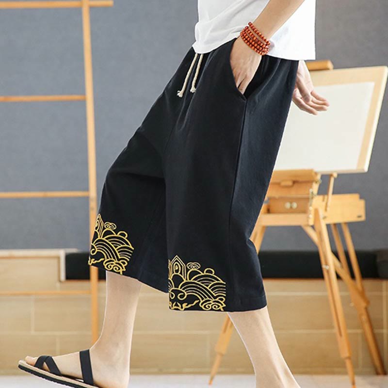 Buddha Stones Spring Casual Embroidery Drawstring Men's 7-8 Length Cotton Linen Harem Pants With Pockets - image 5