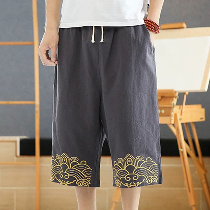 Buddha Stones Spring Casual Embroidery Drawstring Men's 7-8 Length Cotton Linen Harem Pants With Pockets - SlateGray - US/UK/AU46，EU56 (5XL) - image 8