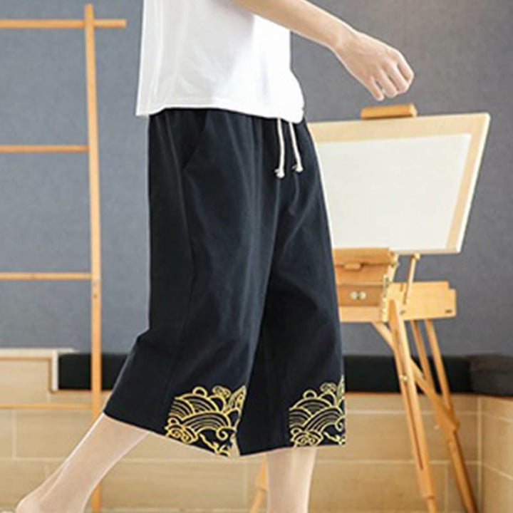 Buddha Stones Spring Casual Embroidery Drawstring Men's 7-8 Length Cotton Linen Harem Pants With Pockets - image 4
